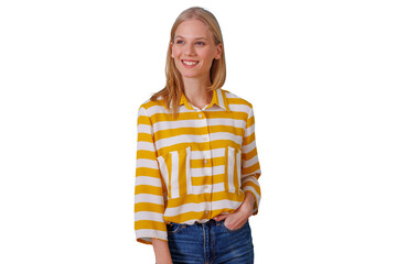 Blonde young woman smiling, looking away, enjoying expression, casual shirt with yellow and white stripes