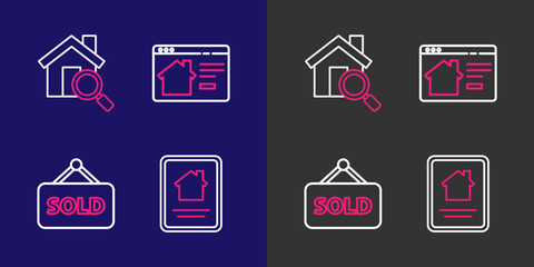 Set line Online real estate house, Hanging sign with text Sold, and Search icon. Vector