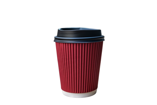 Close-up of textured red disposable coffee cup with black lid on transparent background