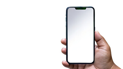 Hand holding a smartphone with a blank screen on a transparent background