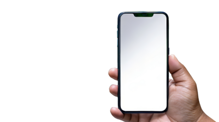Hand holding a smartphone with a blank screen on a transparent background