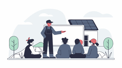 An expert instructor giving a presentation on sustainable solar panel technology to a diverse group of people in an outdoor classroom
