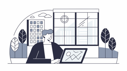 Minimalist vector illustration of a man at his desk using a computer to review data analytics and investment performance in a corporate setting