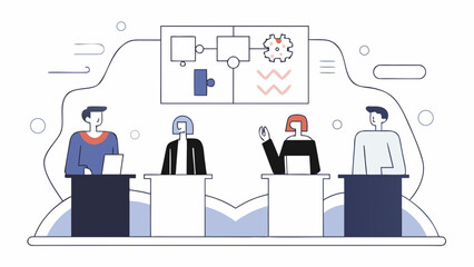 A corporate team collaborates on a strategic business plan, analyzing a complex workflow diagram during a presentation or workshop