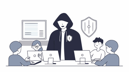Business concept of a dedicated cybersecurity team with a hacker-like leader working together in an office to ensure network protection and data safety