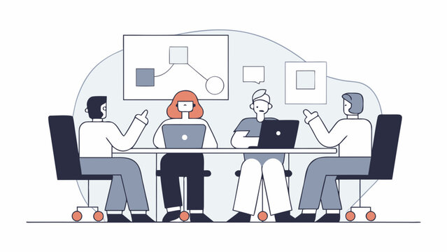 Vector illustration of a business team engaged in a collaborative brainstorming session, discussing a project workflow in a modern office