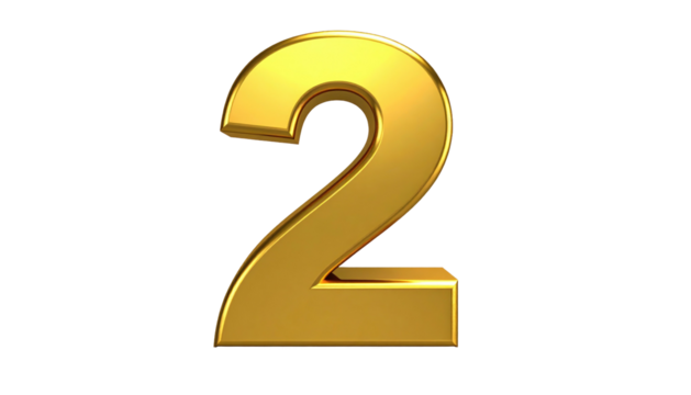 Isolated, golden number two against a black background with realistic reflections and a metallic texture