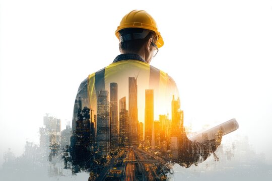 Double exposure of construction engineer with city skyline overlay. Professional portrait composite.
