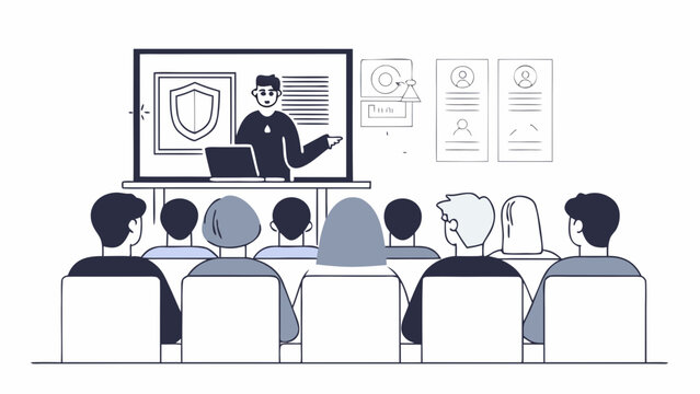 A group of professionals attending a business presentation on cybersecurity, learning about online safety from a speaker at a corporate training event