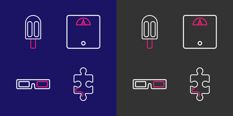Set line Piece of puzzle, Cinema glasses, Bathroom scales and Ice cream icon. Vector