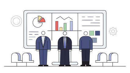 Business team analyzing financial data on a large screen during a corporate presentation, showcasing market growth and strategic insights