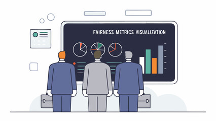A team of business professionals analyzing data visualization charts for algorithmic accountability and equity on a large digital screen