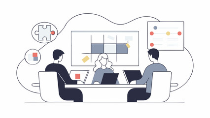 A professional business team in a modern office collaborates on a project management strategy, analyzing charts and planning workflow