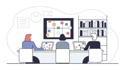 A group of colleagues working together on a new business strategy, conceptualizing a project plan in a collaborative workspace meeting