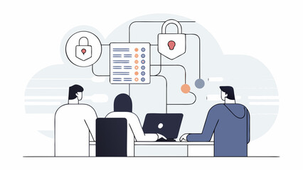 Vector illustration of a dedicated IT security team collaborating on a data protection strategy with a flowchart and network diagram
