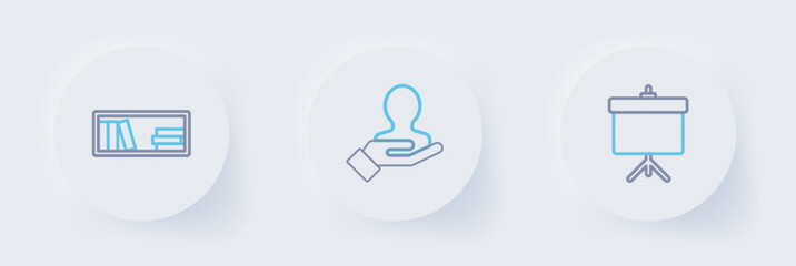 Set line Chalkboard with diagram, Hand for search people and Shelf books icon. Vector