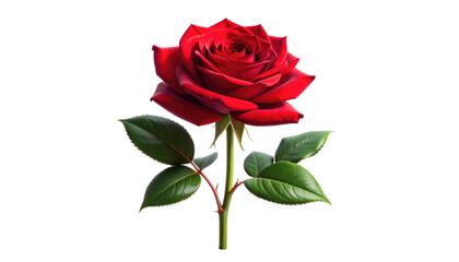 A vivid red rose with intricate petals and green leaves isolated on black