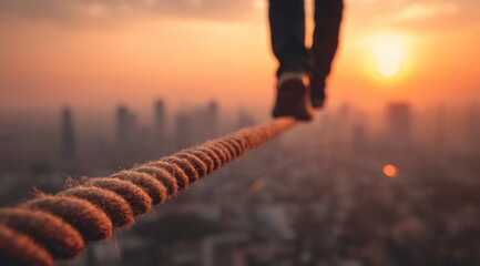 Man walking on tightrope over cityscape at sunset. Risk and determination concept.