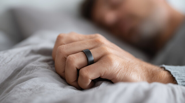 Mature man sleeping in bed. Black smart ring on male hand for sleep tracking, health monitoring