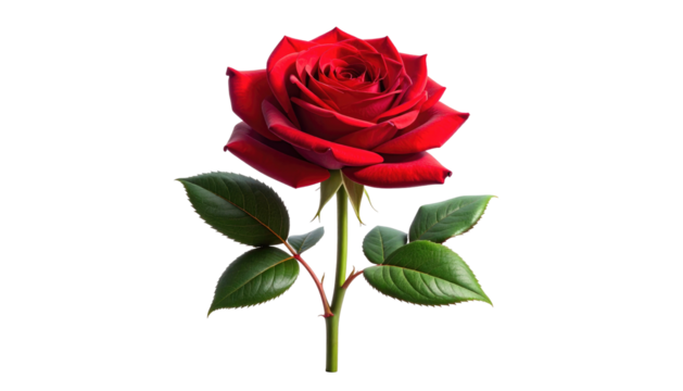 A vivid red rose with intricate petals and green leaves isolated on black