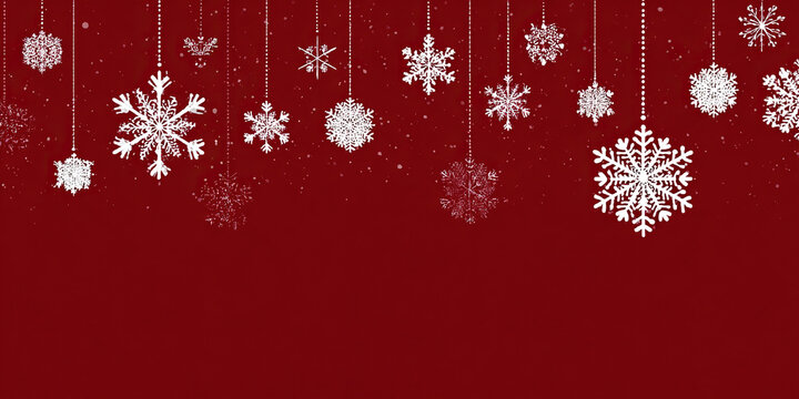 Elegant snowflakes hanging against a rich red background for winter holiday designs