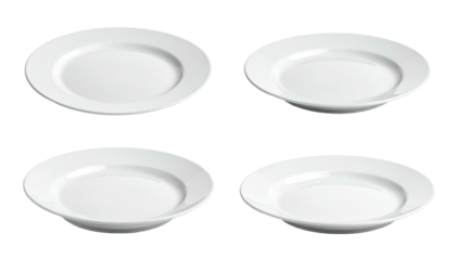 Four white ceramic plates are arranged on a black background, showcasing their simple, elegant, and classic design