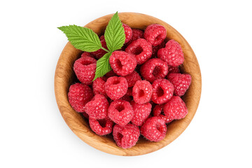 Ripe raspberries in wooden bowl isolated on a white background. Top view. Flat lay