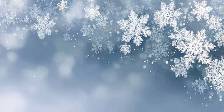Beautiful winter background with falling snowflakes and bokeh lights