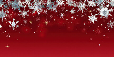 Festive winter background with snowflakes and sparkling stars on a red backdrop