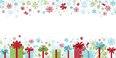 Festive Christmas gifts and snowflakes border on a white background