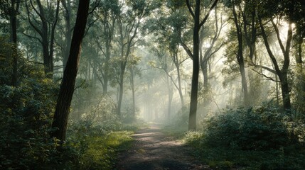Tranquil Forest Path with Dappled Sunlight and Mist Through Quiet Morning Trees
