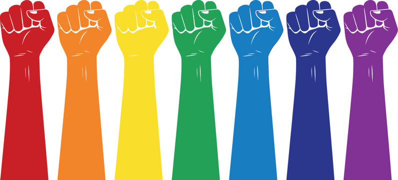 Rainbow fists raised in solidarity for lgbtq rights and equality in a colorful illustration