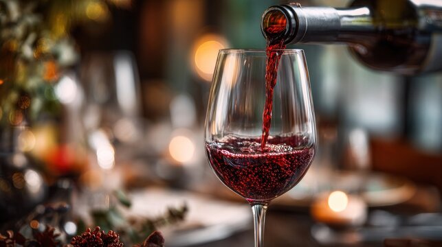 Elegant red wine being poured into crystal glass, dynamic liquid motion. Premium wine photography for beverage and lifestyle concepts.	