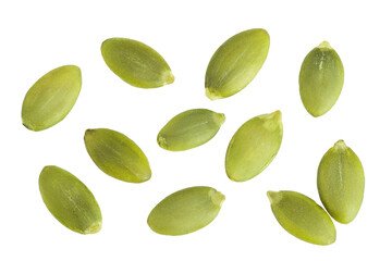 Peeled pumpkin seeds isolated on white background. Top view. Flat lay