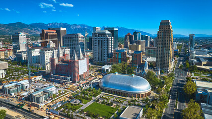Aerial Salt Lake City Tabernacle Downtown Skyline With Wasatch Mountains © Nicholas J. Klein