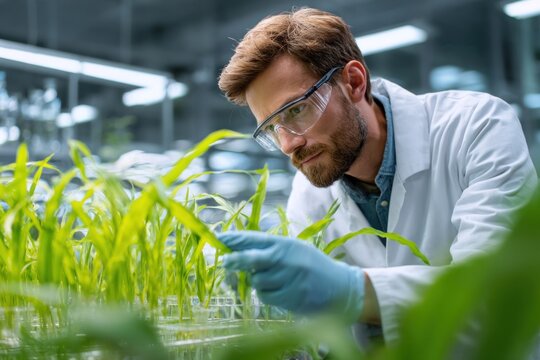 Laboratory technician in white coat conducting scientific experiment on plant seedlings. Research, botany, and life science concept. - Powered by Adobe