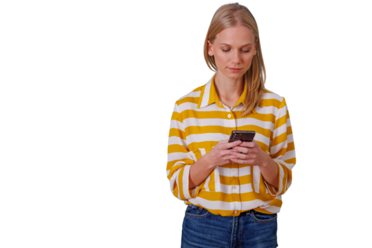 Woman typing on smartphone, connecting with people, texting, browsing social media on transparent background