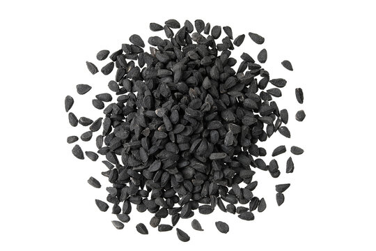 Nigella sativa or Black cumin isolated on white background. Top view. Flat lay
