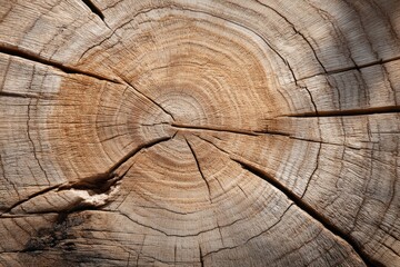 Fototapeta premium Cross-section of tree trunk displaying visible annual growth rings. Nature, forestry, and wood texture close-up concept.