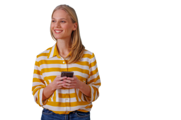 Young woman smiling, holding smartphone, engaged in digital communication, connecting online on a transparent background