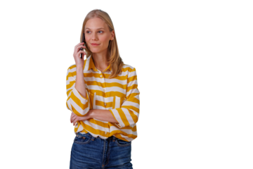 Woman talking on smartphone, communicating and connecting with friends or colleagues, transparent background