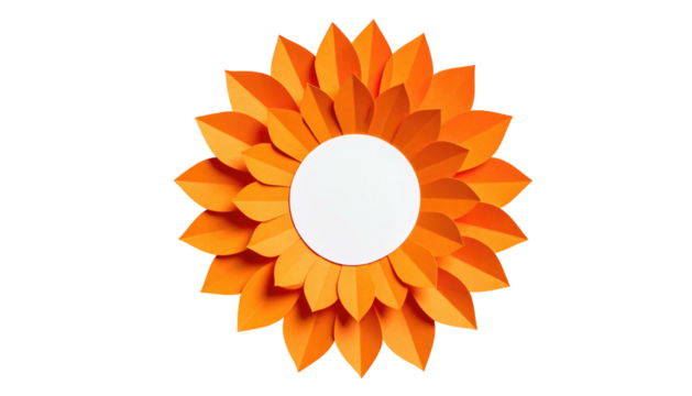 Orange flower made of paper cutouts, centered against a black background, revealing bright circular core