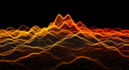 Abstract orange and yellow particle wave landscape on black background, suggesting energy, technology, or digital flow, ideal for website banner or wallpaper