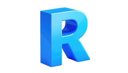 A glossy, light-blue, 3D letter 'R', slightly angled and resting on black background, evokes a sleek, modern aesthetic