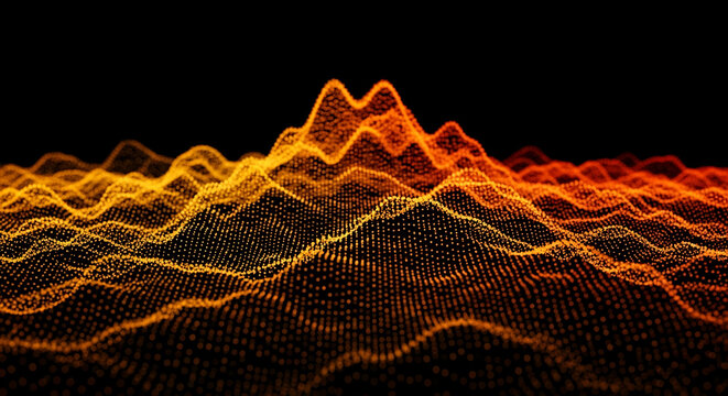 Abstract orange and yellow particle wave landscape on black background, suggesting energy, technology, or digital flow, ideal for website banner or wallpaper