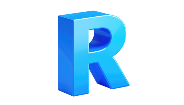 A glossy, light-blue, 3D letter 'R', slightly angled and resting on black background, evokes a sleek, modern aesthetic