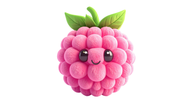 Cute, pink raspberry with a smiling face and green leaves on a black background