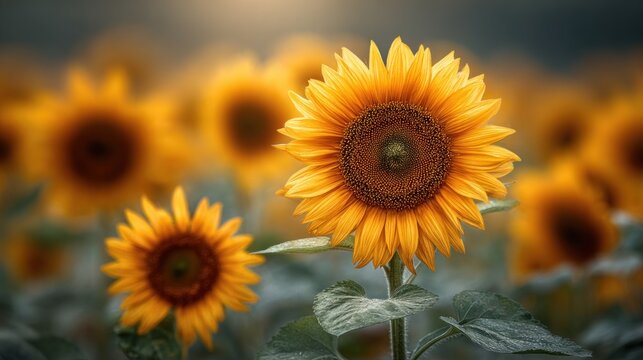 Macro photography blooming sunflowers field detail - Powered by Adobe
