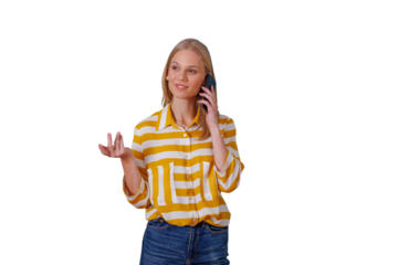 Young woman talking on mobile phone, gesturing hand while having a casual conversation, discussing ideas, expressing thoughts