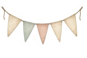 Pastel watercolor bunting banner, hand drawn garland with triangular flags, rustic celebration decoration, transparent background